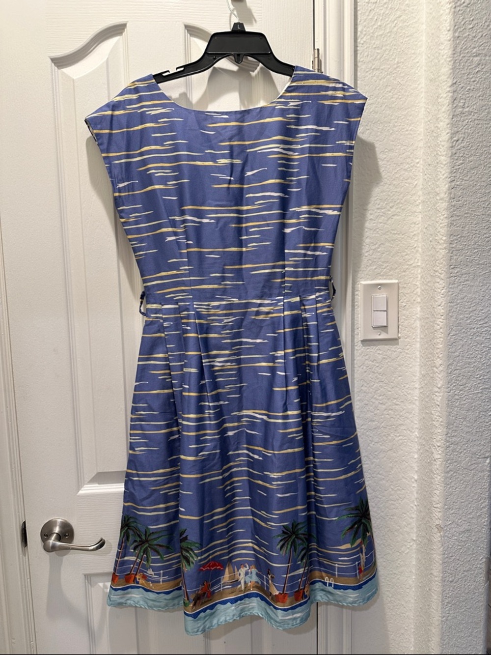 Palava UK Retro Riviera Dress Blue Size 10 Novelty Border Print Organic Cotton - Picture 5 of 15